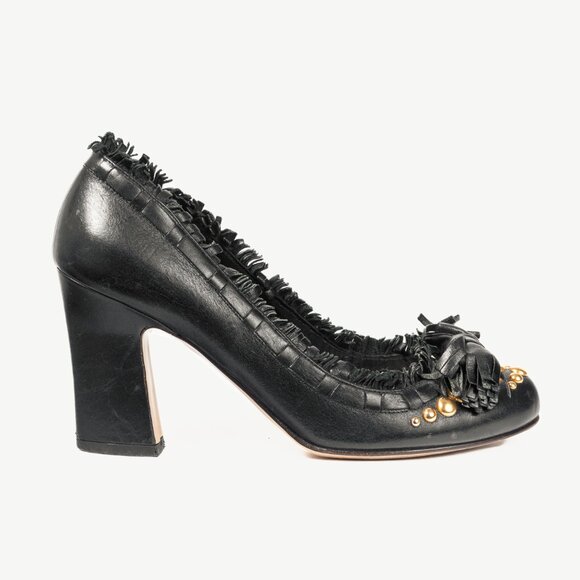 Miu Miu Black Leather Fringe-Trim Studded Bow Heels - Picture 1 of 8
